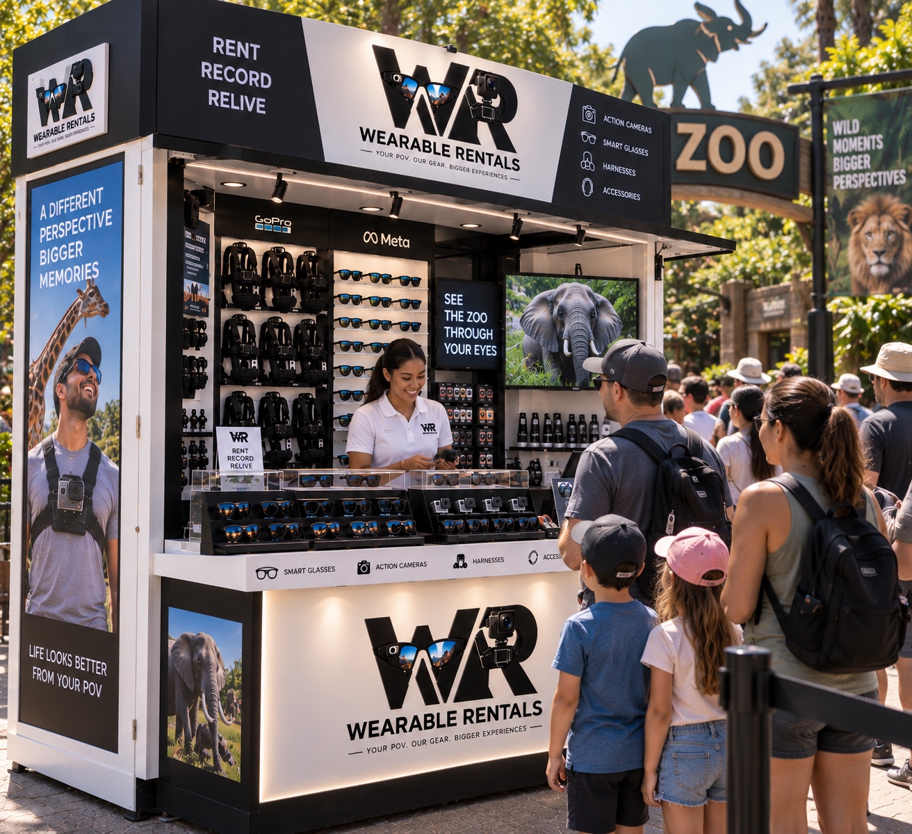 A staffed Wearable Rentals kiosk at a zoo entrance, with a staff member fitting equipment for a family.