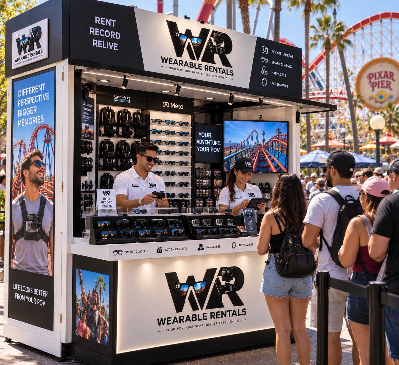 A staffed Wearable Rentals kiosk at an amusement park with visitors renting smart glasses and action cameras.