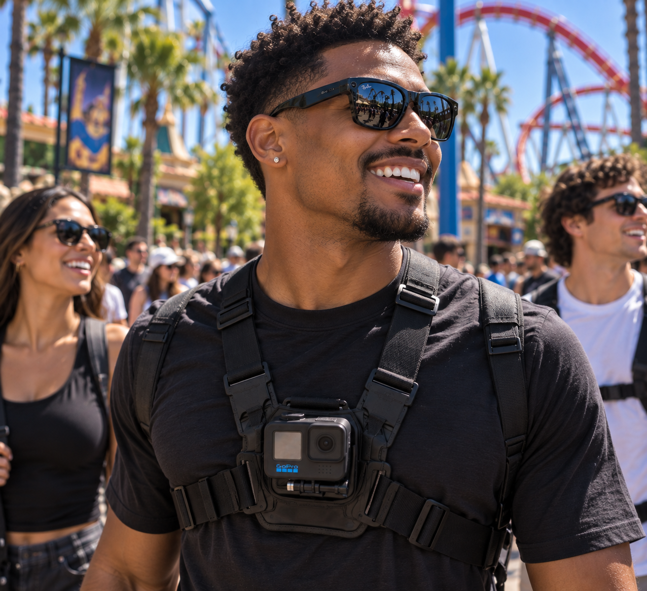 A visitor wearing a chest-mounted action camera harness while walking through an amusement park.